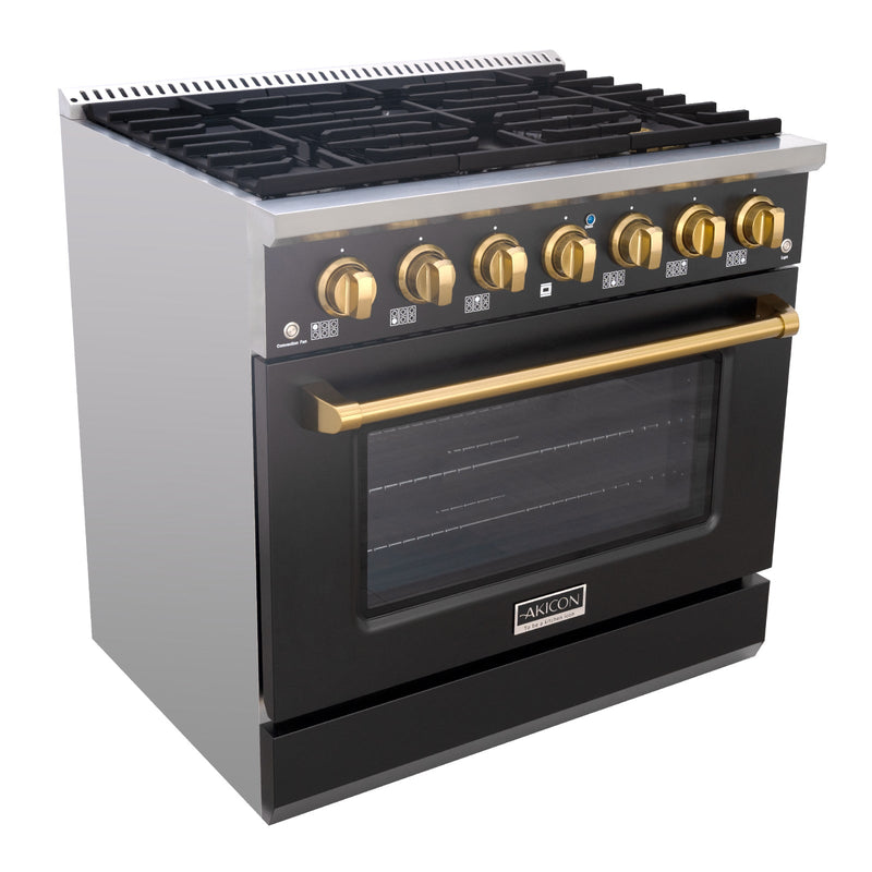 Akicon 36" Slide-in Freestanding Professional Style Gas Range with 5.2 Cu. Ft. Oven, 6 Burners, Convection Fan, Cast Iron Grates. Black & Gold