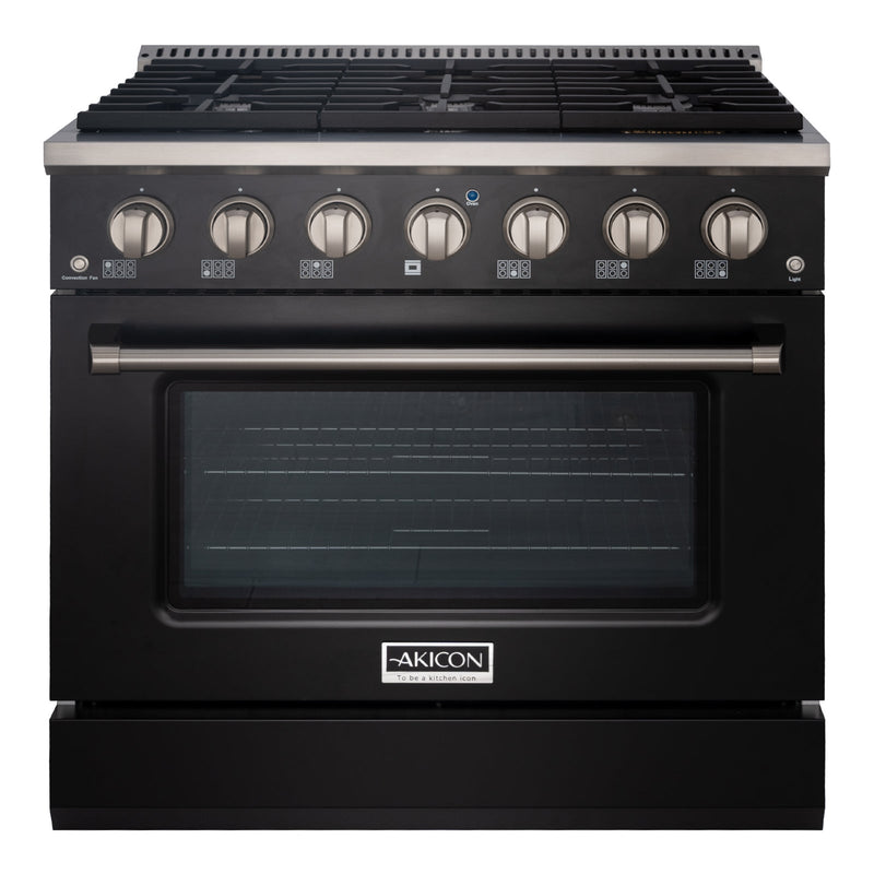 Akicon 36" Slide-in Freestanding Professional Style Gas Range with 5.2 Cu. Ft. Oven, 6 Burners, Convection Fan, Cast Iron Grates. Black & Gold