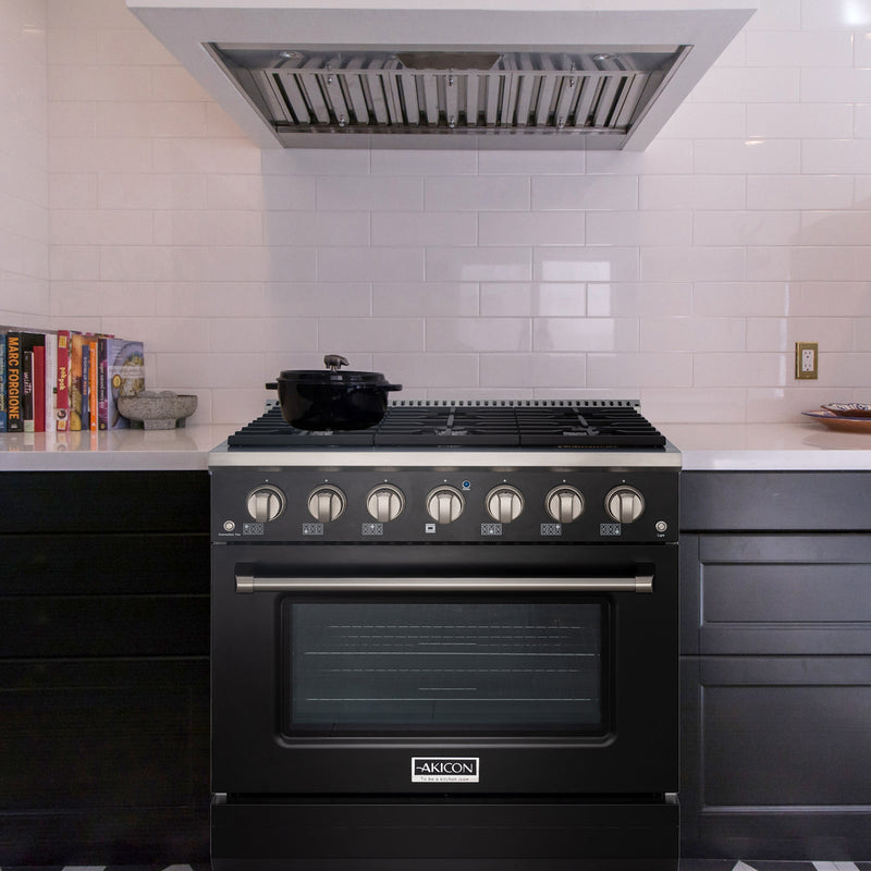 Akicon 36" Slide-in Freestanding Professional Style Gas Range with 5.2 Cu. Ft. Oven, 6 Burners, Convection Fan, Cast Iron Grates. Black & Stainless Steel