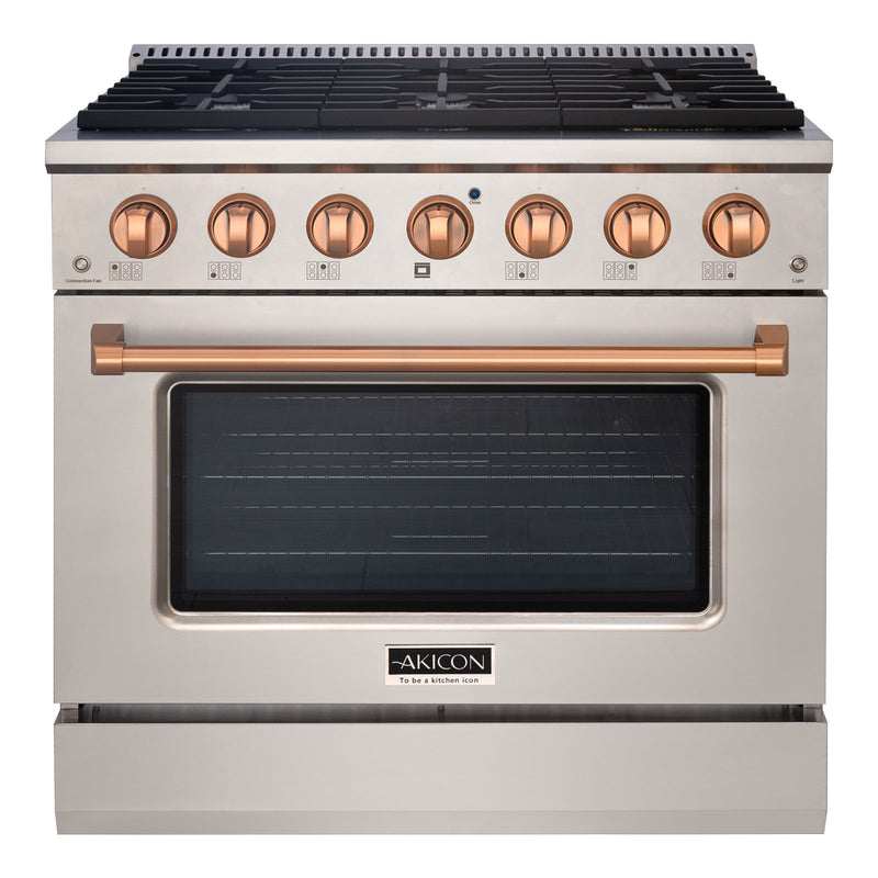 Akicon 36" Slide-in Freestanding Professional Style Gas Range with 5.2 Cu. Ft. Oven, 6 Burners, Convection Fan, Cast Iron Grates. Stainless Steel & Copper