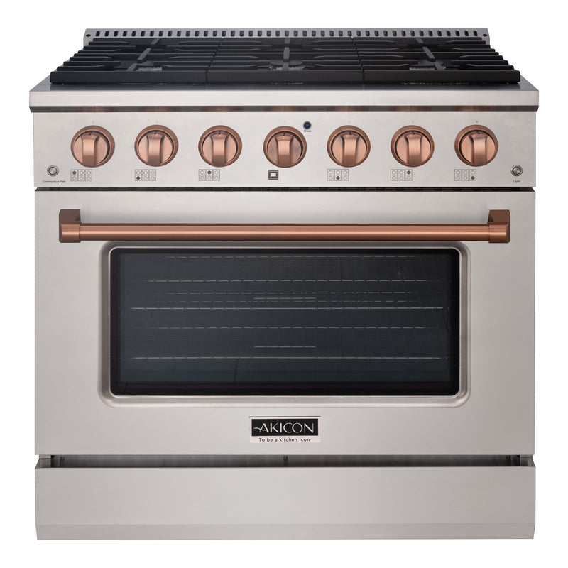 Akicon 36" Slide-in Freestanding Professional Style Gas Range with 5.2 Cu. Ft. Oven, 6 Burners, Convection Fan, Cast Iron Grates. Stainless Steel & Gold