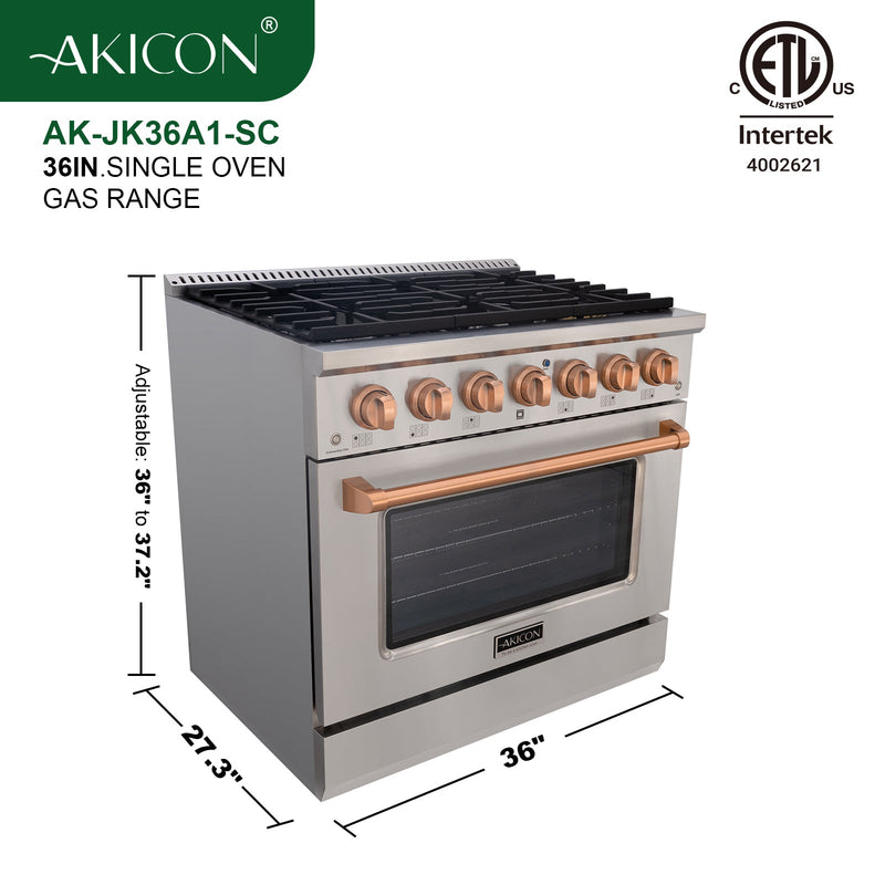 Akicon 36" Slide-in Freestanding Professional Style Gas Range with 5.2 Cu. Ft. Oven, 6 Burners, Convection Fan, Cast Iron Grates. Stainless Steel & Copper