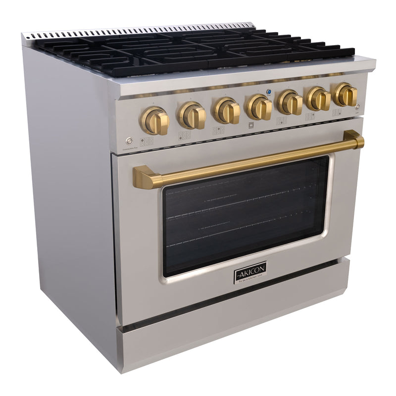 Akicon 36" Slide-in Freestanding Professional Style Gas Range with 5.2 Cu. Ft. Oven, 6 Burners, Convection Fan, Cast Iron Grates. Stainless Steel & Gold