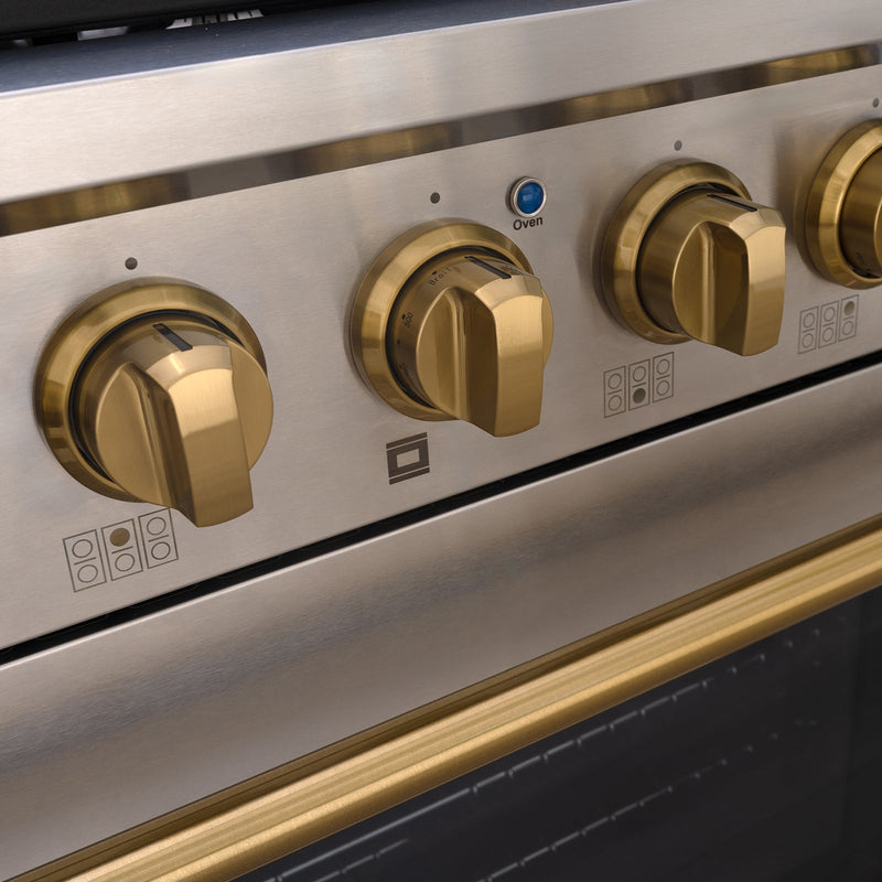 Akicon 36" Slide-in Freestanding Professional Style Gas Range with 5.2 Cu. Ft. Oven, 6 Burners, Convection Fan, Cast Iron Grates. Stainless Steel & Gold