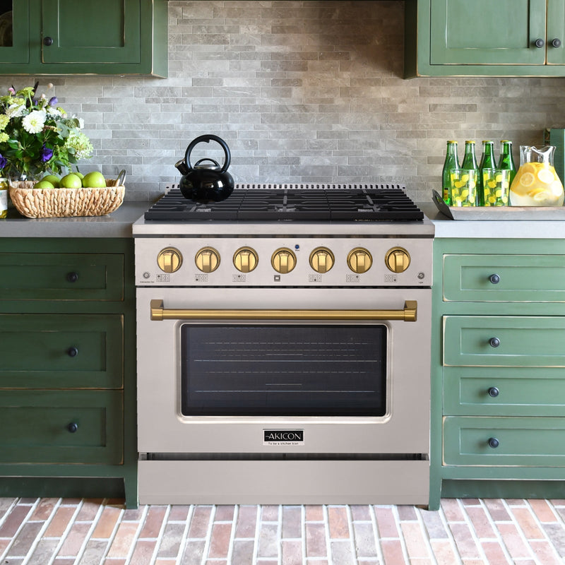 Akicon 36" Slide-in Freestanding Professional Style Gas Range with 5.2 Cu. Ft. Oven, 6 Burners, Convection Fan, Cast Iron Grates. Stainless Steel & Gold