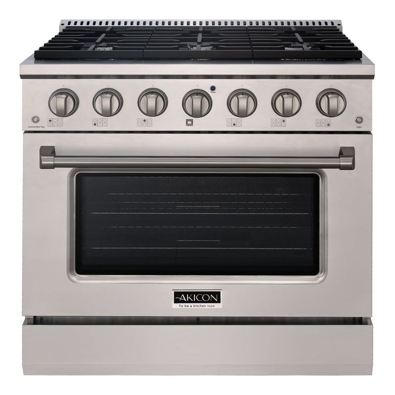 Akicon 36" Slide-in Freestanding Professional Style Gas Range with 5.2 Cu. Ft. Oven, 6 Burners, Convection Fan, Cast Iron Grates. Stainless Steel & Gold