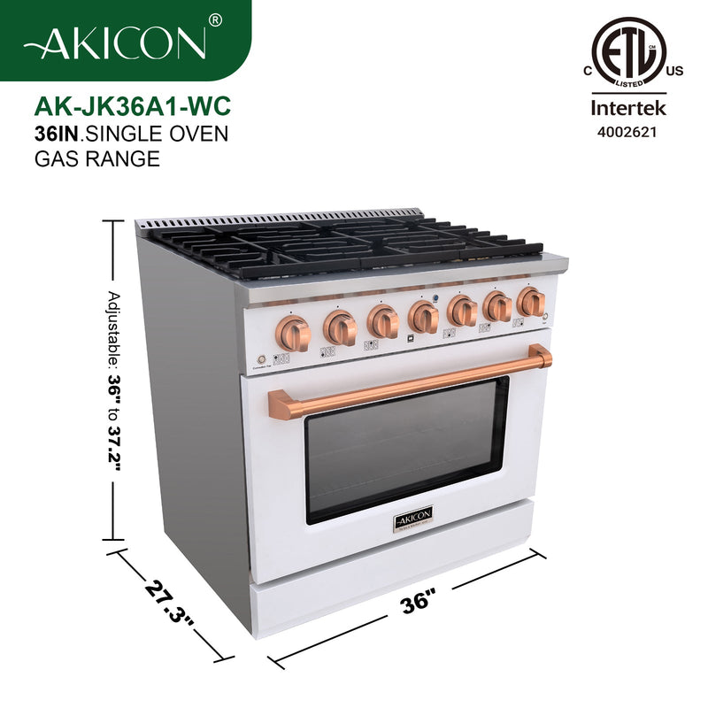 Akicon 36" Slide-in Freestanding Professional Style Gas Range with 5.2 Cu. Ft. Oven, 6 Burners, Convection Fan, Cast Iron Grates. White & Copper