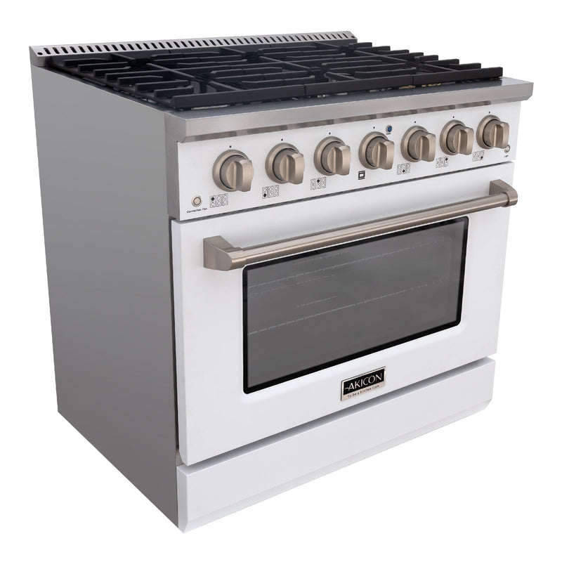 Akicon 36" Slide-in Freestanding Professional Style Gas Range with 5.2 Cu. Ft. Oven, 6 Burners, Convection Fan, Cast Iron Grates. White & Stainless Steel