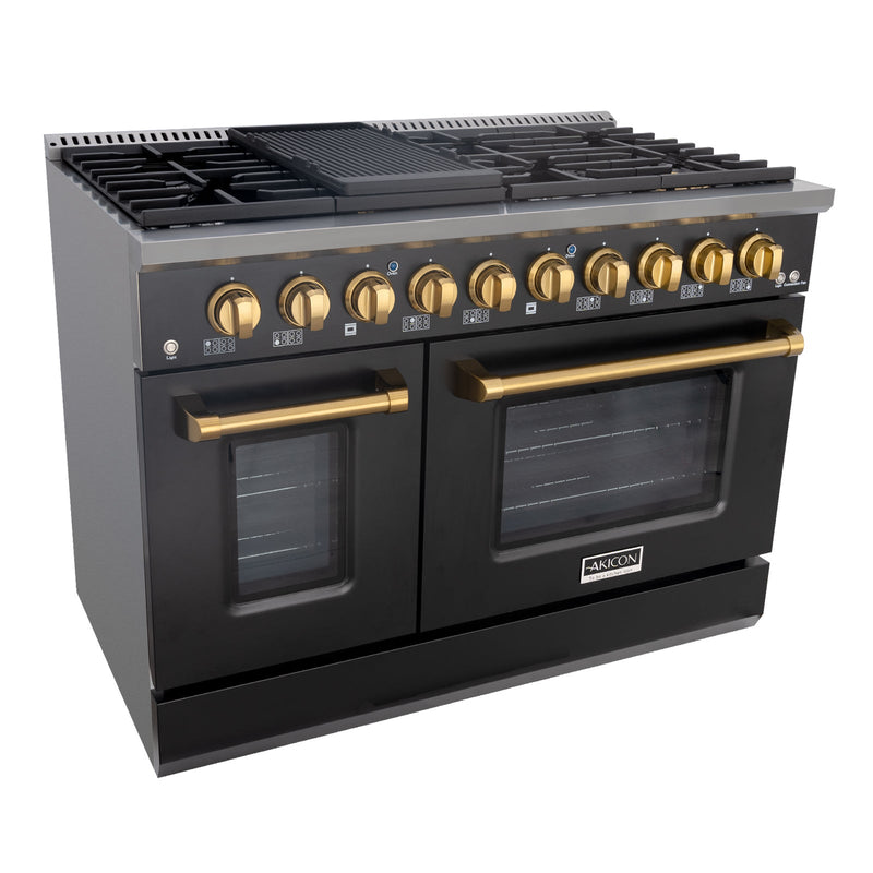 Akicon 48" Slide-in Freestanding Professional Style Gas Range with 6.7 Cu. Ft. Oven, 8 Burners, Convection Fan, Cast Iron Grates. Black & Gold