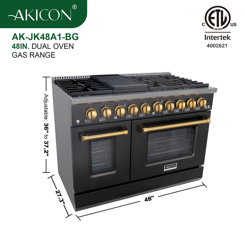 Akicon 48" Slide-in Freestanding Professional Style Gas Range with 6.7 Cu. Ft. Oven, 8 Burners, Convection Fan, Cast Iron Grates. Black & Gold