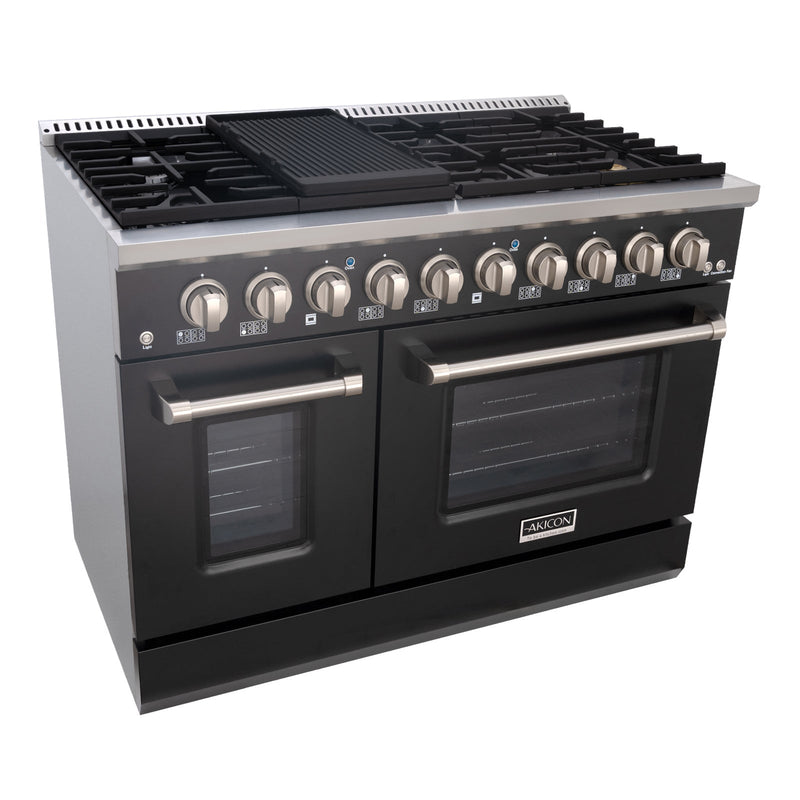 Akicon 48" Slide-in Freestanding Professional Style Gas Range with 6.7 Cu. Ft. Oven, 8 Burners, Convection Fan, Cast Iron Grates. Black & Stainless Steel