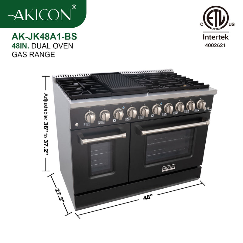 Akicon 48" Slide-in Freestanding Professional Style Gas Range with 6.7 Cu. Ft. Oven, 8 Burners, Convection Fan, Cast Iron Grates. Black & Stainless Steel