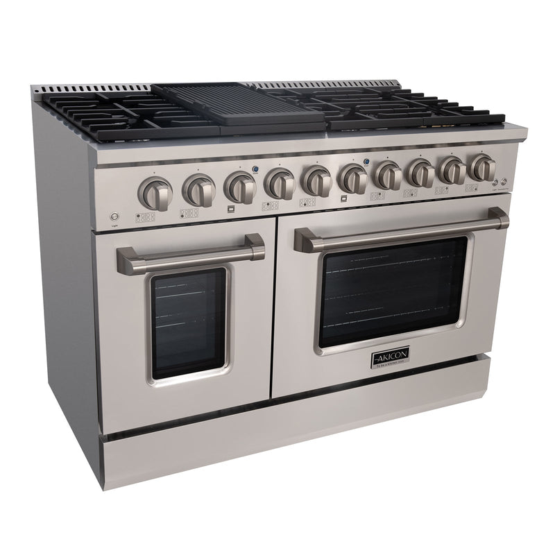 Akicon 48" Slide-in Freestanding Professional Style Gas Range with 6.7 Cu. Ft. Oven, 8 Burners, Convection Fan, Cast Iron Grates. Stainless Steel