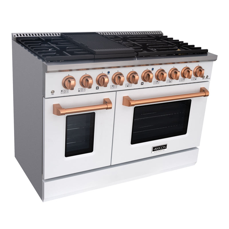 Akicon 48" Slide-in Freestanding Professional Style Gas Range with 6.7 Cu. Ft. Oven, 8 Burners, Convection Fan, Cast Iron Grates. White & Copper