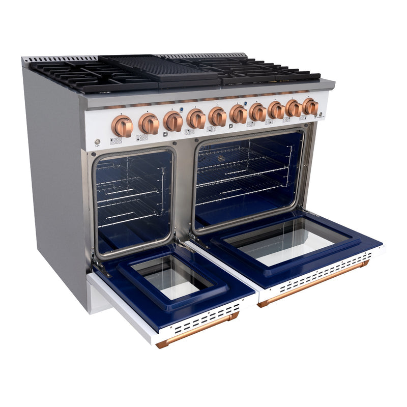 Akicon 48" Slide-in Freestanding Professional Style Gas Range with 6.7 Cu. Ft. Oven, 8 Burners, Convection Fan, Cast Iron Grates. White & Copper