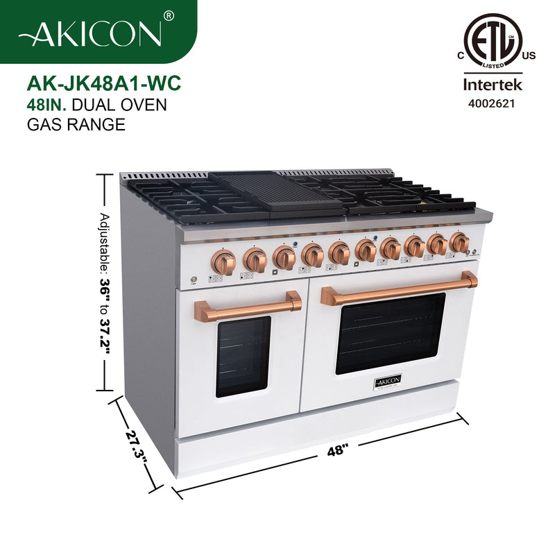 Akicon 48" Slide-in Freestanding Professional Style Gas Range with 6.7 Cu. Ft. Oven, 8 Burners, Convection Fan, Cast Iron Grates. White & Copper