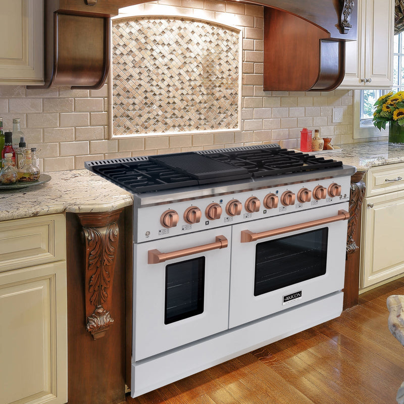 Akicon 48" Slide-in Freestanding Professional Style Gas Range with 6.7 Cu. Ft. Oven, 8 Burners, Convection Fan, Cast Iron Grates. White & Copper