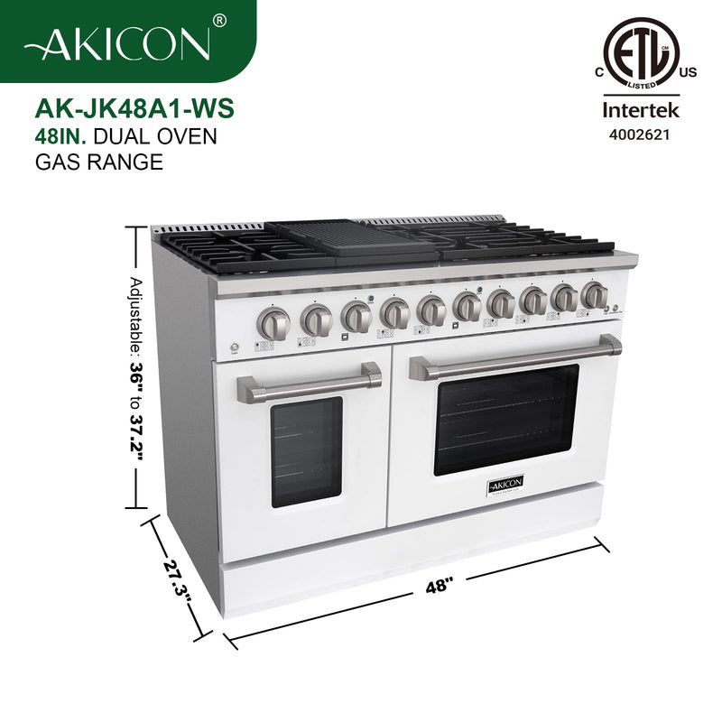 Akicon 48" Slide-in Freestanding Professional Style Gas Range with 6.7 Cu. Ft. Oven, 8 Burners, Convection Fan, Cast Iron Grates. White & Stainless Steel