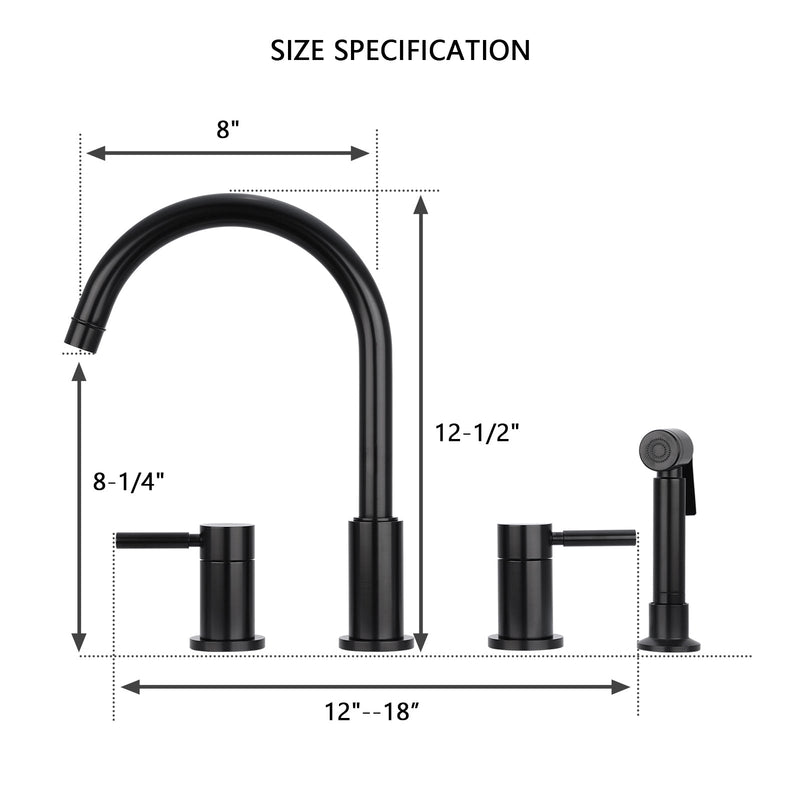 Two-Handles Matte Black Widespread Kitchen Faucet with Side Sprayer - AK96866 -MB