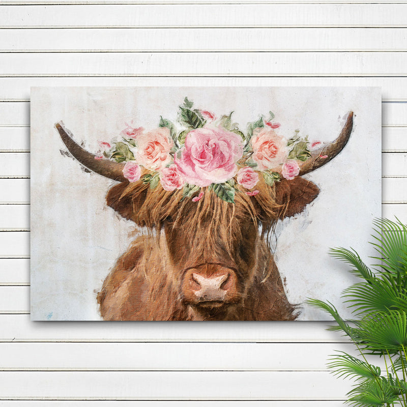 Highland Cow Floral Wreath Painting Canvas Wall Art