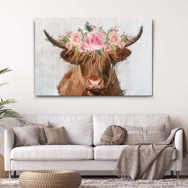 Highland Cow Floral Wreath Painting Canvas Wall Art