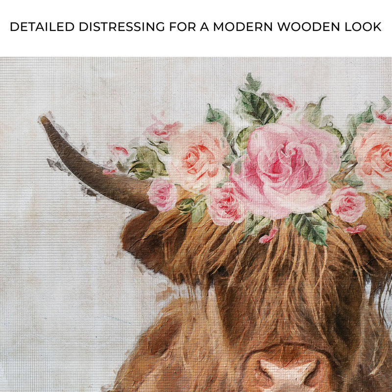 Highland Cow Floral Wreath Painting Canvas Wall Art