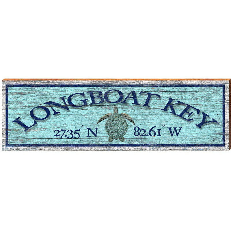 Longboat Key Sea Turtle Blue Latitude Longitude | Wall Art Print on Real Wood