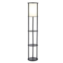 Modern Asian Style Round Shelf Floor Lamp in Black with White Shade