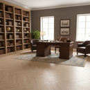 Luxurious office with wooden furniture, bookshelves, and large windows.