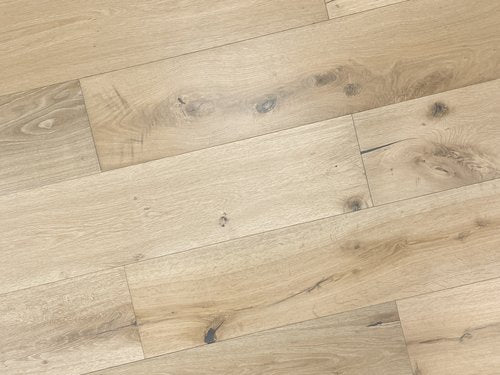 Engineered Hardwood European Oak 8.65" Wide, 86.5" RL, 5/8" Thick Wirebrushed Sonder Alcazar Tan - Mazzia Collection angle view 2