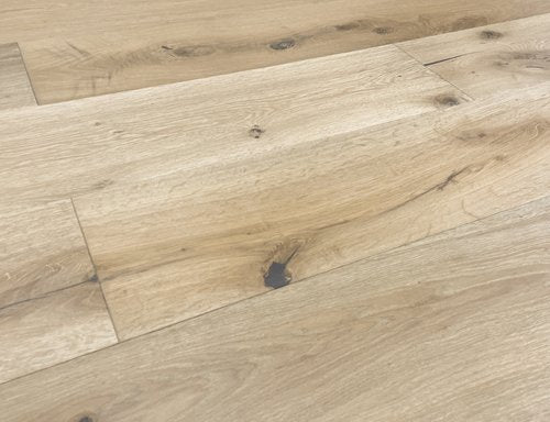 Engineered Hardwood European Oak 8.65" Wide, 86.5" RL, 5/8" Thick Wirebrushed Sonder Alcazar Tan - Mazzia Collection angle view 2