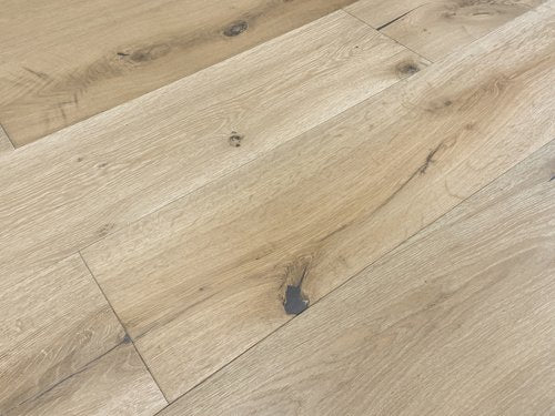 Engineered Hardwood European Oak 8.65" Wide, 86.5" RL, 5/8" Thick Wirebrushed Sonder Alcazar Tan - Mazzia Collection angle view