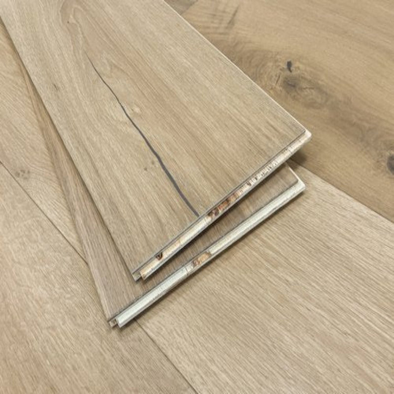 Engineered Hardwood European Oak 8.65" Wide, 86.5" RL, 5/8" Thick Wirebrushed Sonder Alcazar Tan - Mazzia Collection plank view