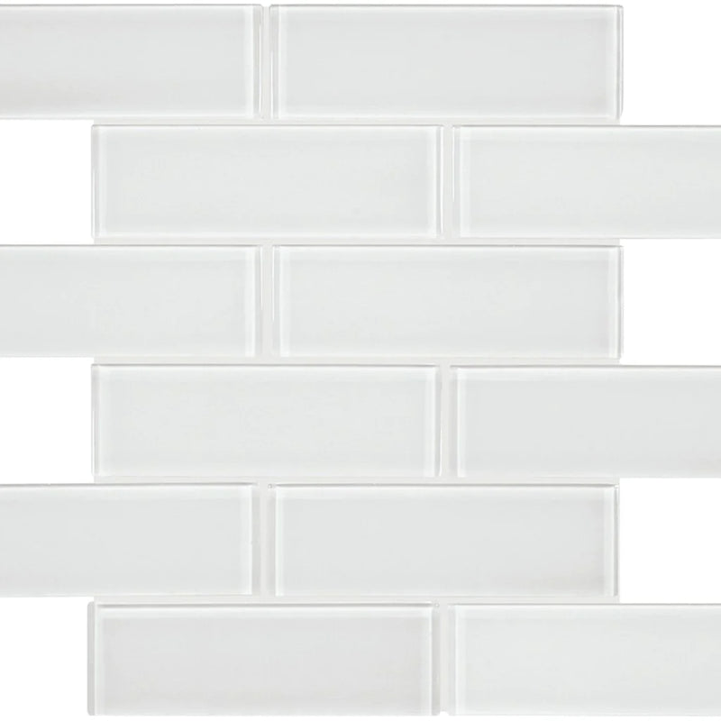 Aquatica 2x6 brick ice mosaic glass tile on 11.75x11.75 element series ANAELEMICE26 top view