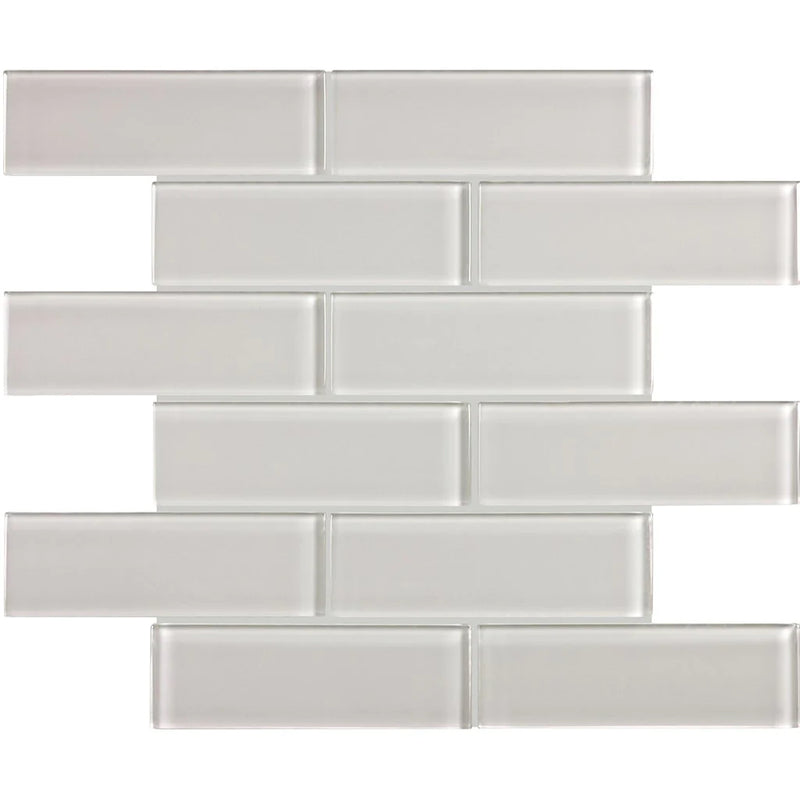 Aquatica 2x6 brick mist mosaic glass tile on 11.75x11.75 element series ANAELEMMIS26 top view