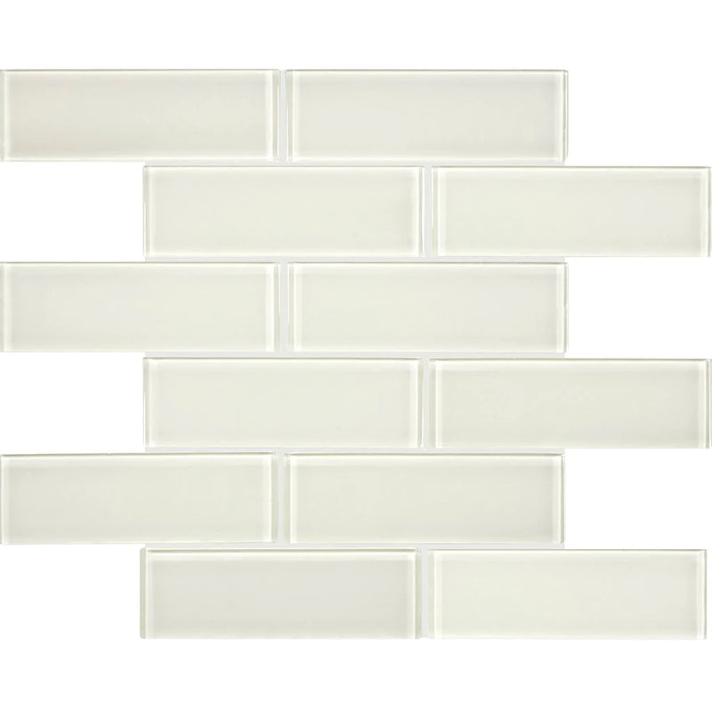 Aquatica 2x6 brick sand mosaic glass tile on 11.75x11.75 element series ANAELEMSAN26 top view