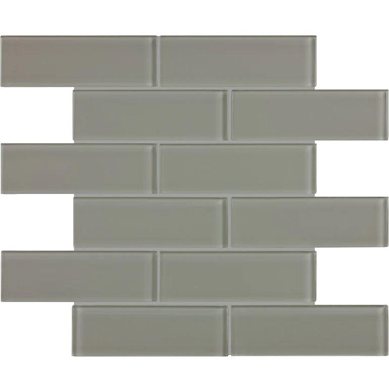 Aquatica 2x6 brick smoke mosaic glass tile on 11.75x11.75 element series ANAELEMSMO26 top view