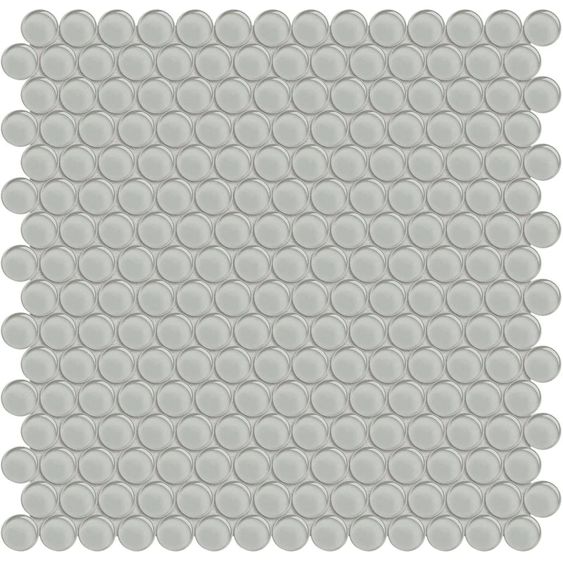 Aquatica penny round mist mosaic glass tile on 11.5x11.75 element series ANAELEMPNRDMIST top view