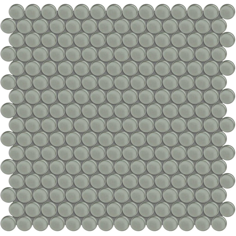 Aquatica penny round smoke mosaic glass tile on 11.5x11.75 element series ANAELEMPNRDSMOKE top view
