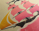 Vaporwave sail boat art, pink pirate ship, framed wall art, framed canvas print