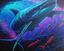 Shark Art, framed canvas print, colorful retro style shark art watercolor painting print