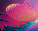 Retro Outrun Style Palm Trees and Sunset, Framed Canvas Print, Wireframe lake and mountain vista