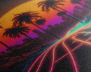 Neon Wireframe Road at Sunset, Outrun / Synthwave Palm Tree Art, 80s Retro Inspired Art, Framed Canvas Print