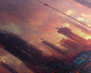 Watercolor of a cyberpunk city, canvas print, dystopian urban landscape at sunset, synthwave style