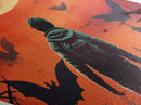 Lone child under haunted sky with bats Canvas Embossed Print walking toward terror in eerie Diamond Shaped Art Halloween