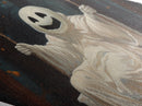 Diamond Shaped Art ghost on swing in haunted forest, Halloween Canvas Embossed Print with gothic autumn aesthetic and jack-o-lanterns