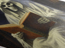Skeleton in Robes Reading by Candlelight Diamond Shaped Art Canvas Embossed Print Dark Academia Halloween Wall Art