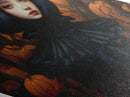 Goth Girl Witch with Pumpkins Diamond Shaped Art Canvas Embossed Print Halloween Aesthetic Victorian Wall Decor Dark Fantasy