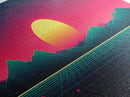 Synthwave Sunset Over The Mountains, Wireframe Art, Framed Canvas Print, Wire Frame Retro 1980s Style Wall Art