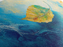 Leaf in Water, blue and green wall art, coastal decor, wabi sabi art, extra wide art, panoramic painting, Canvas Print, gift idea